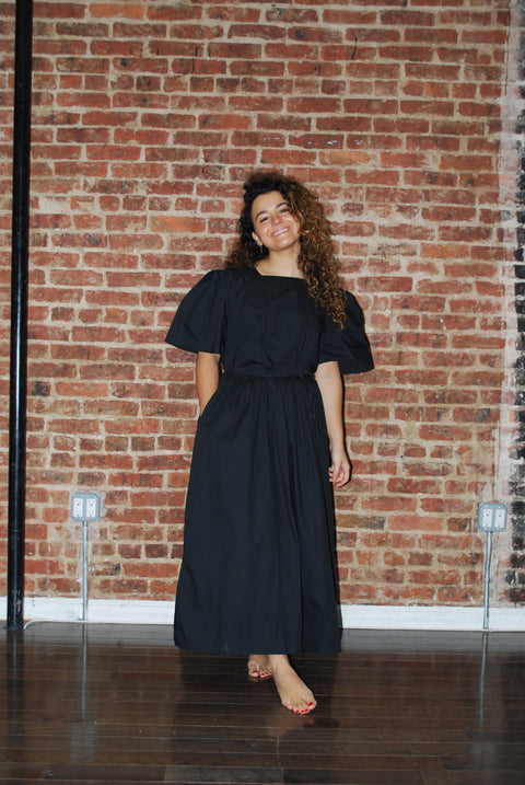 Square Neck Puff Poplin Dress In Black