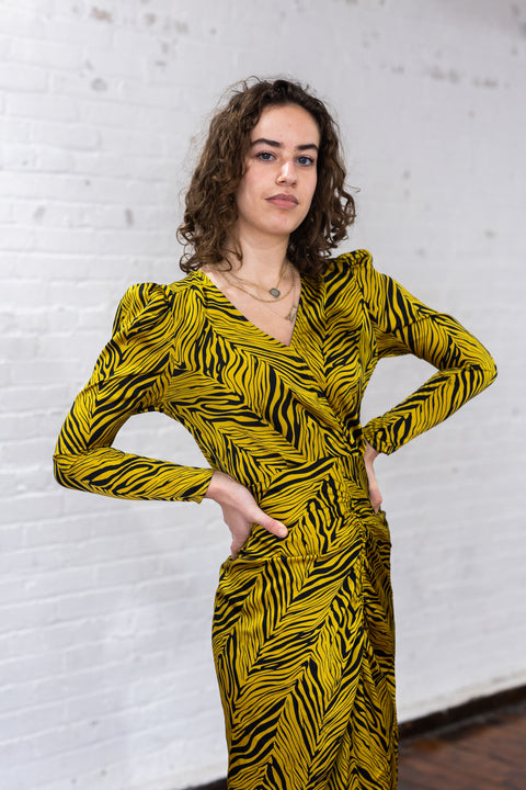 Rouched Puff Sleeve Zebra Silky Dress