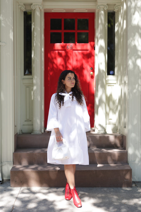 White flowy poplin tie dress