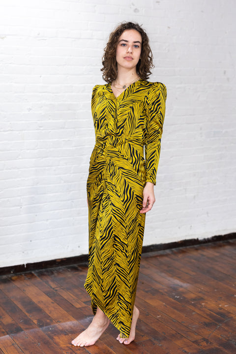 Rouched Puff Sleeve Zebra Silky Dress