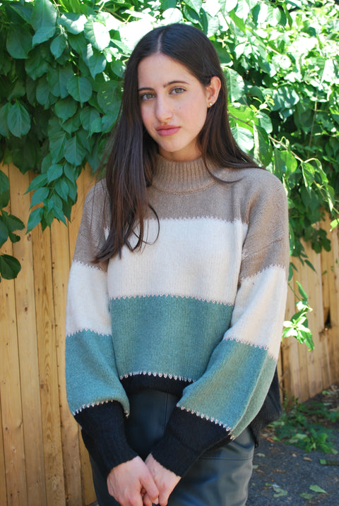 Gold stitch green block sweater