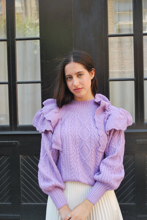 Ruffled cable knit lilac sweater