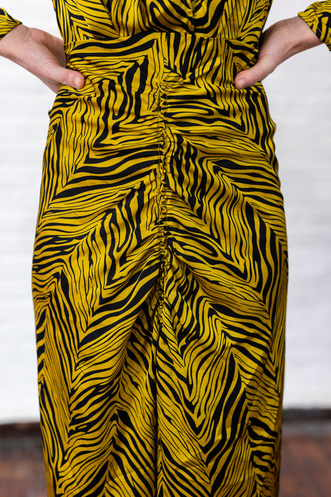 Rouched Puff Sleeve Zebra Silky Dress