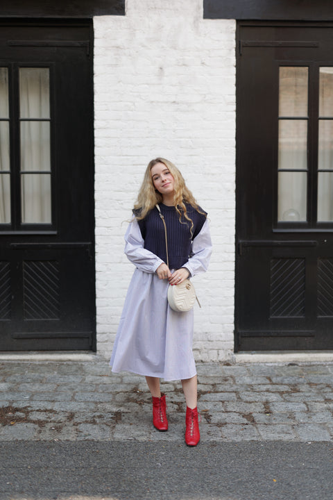Thin knit pinstripe lighter blue dress