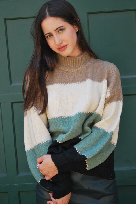 Gold stitch green block sweater