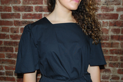 Square Neck Puff Poplin Dress In Black