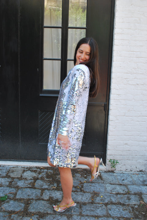 Silver white sequin party dress