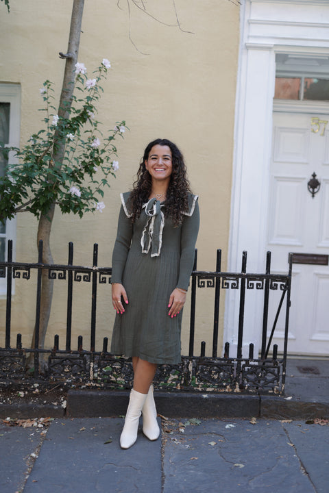 Olive green knit collar dress