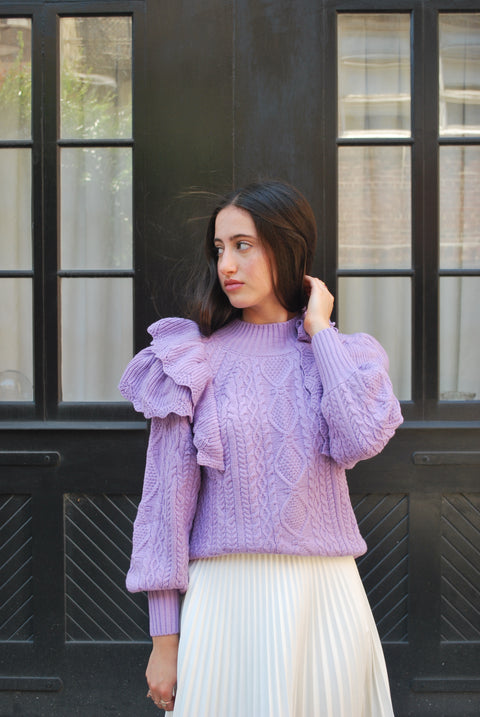 Ruffled cable knit lilac sweater