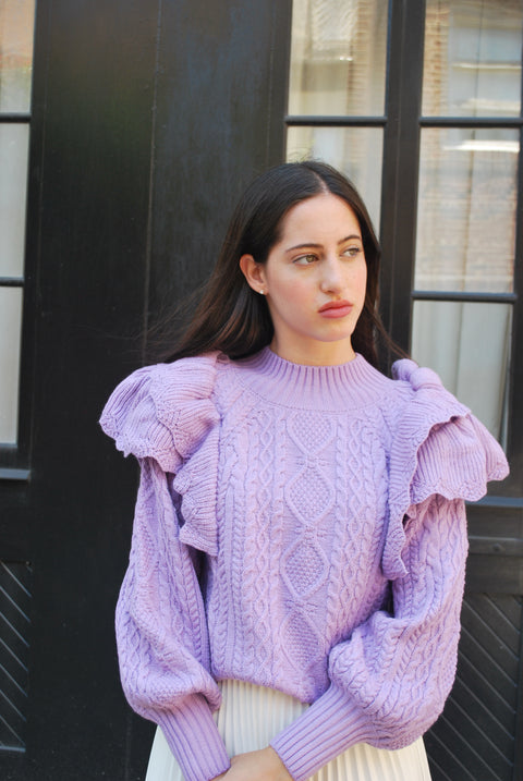 Ruffled cable knit lilac sweater