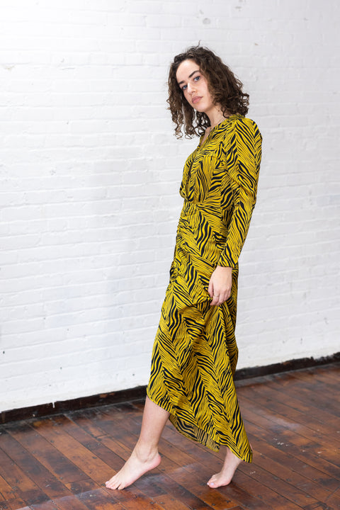 Rouched Puff Sleeve Zebra Silky Dress
