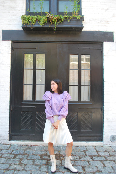 Ruffled cable knit lilac sweater