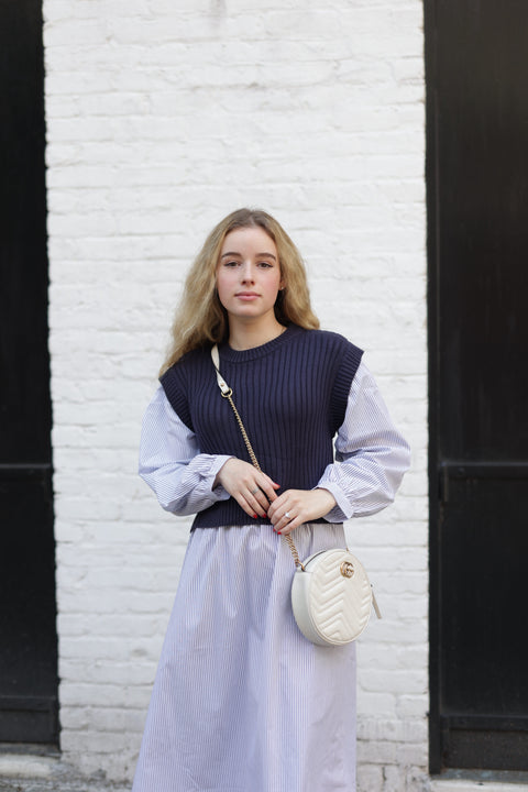 Thin knit pinstripe lighter blue dress
