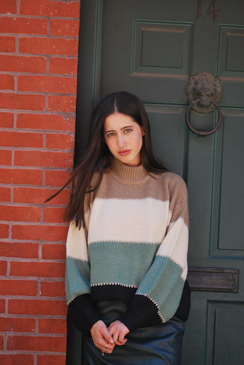 Gold stitch green block sweater
