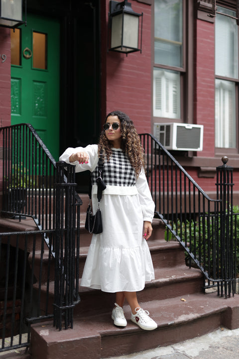 Check Thin Knit Poplin Dress in Black