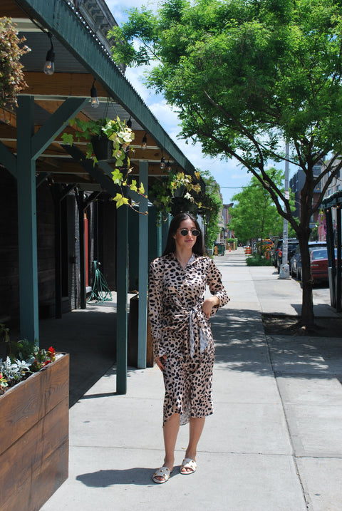 Silky wrap tie leopard dress