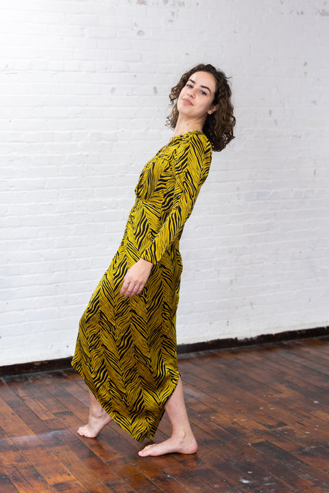Rouched Puff Sleeve Zebra Silky Dress
