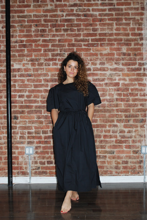 Square Neck Puff Poplin Dress In Black