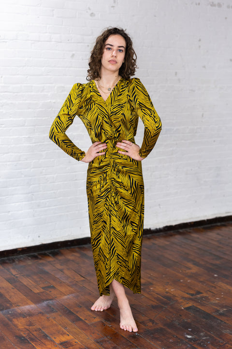 Rouched Puff Sleeve Zebra Silky Dress