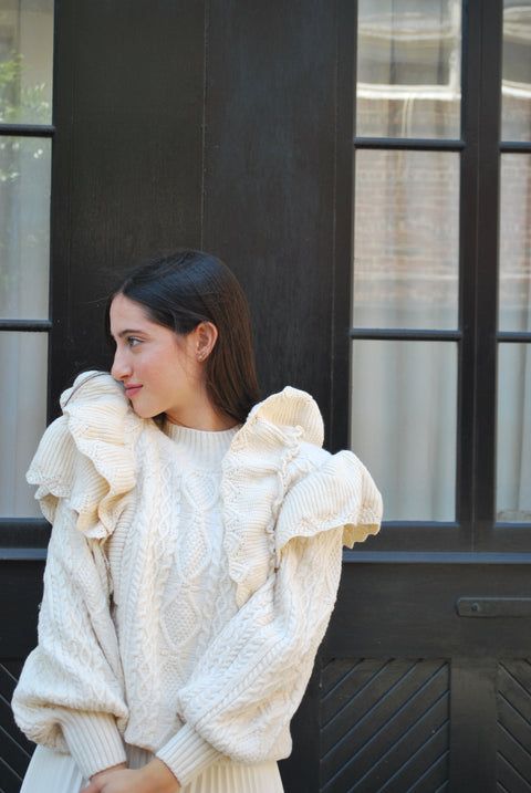 Cream cableknit ruffled sweater