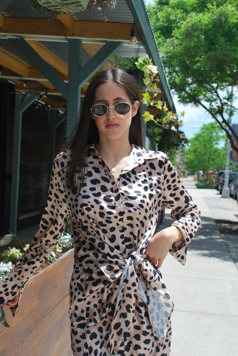 Silky wrap tie leopard dress