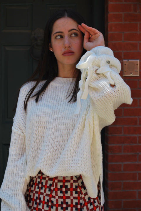 Cream knit lace up sweater