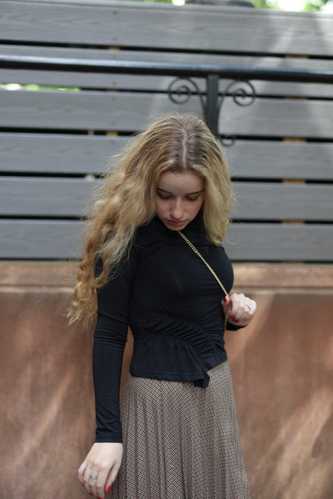 mock neck smocked shirt in black