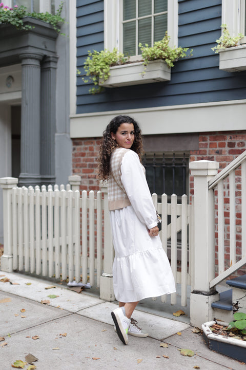 Check Thin Knit Poplin Dress in beige