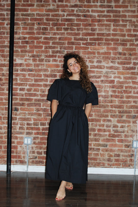 Square Neck Puff Poplin Dress In Black