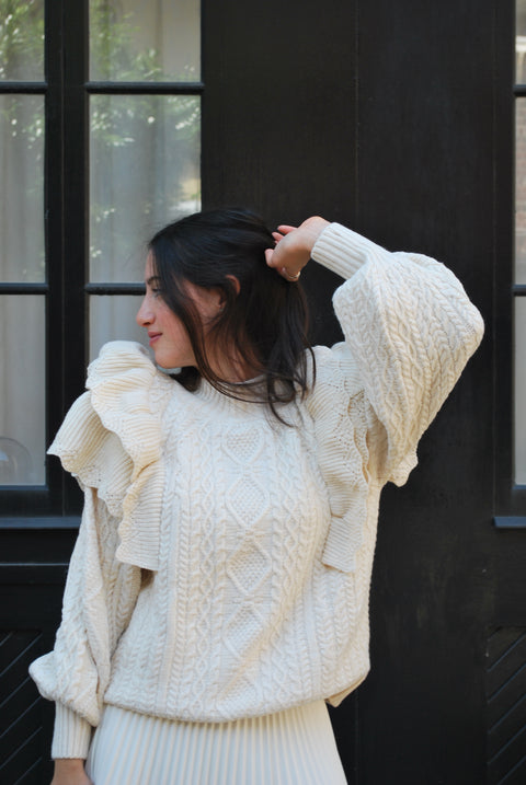 Cream cableknit ruffled sweater