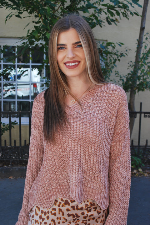 Velvet scalloped v knit sweater