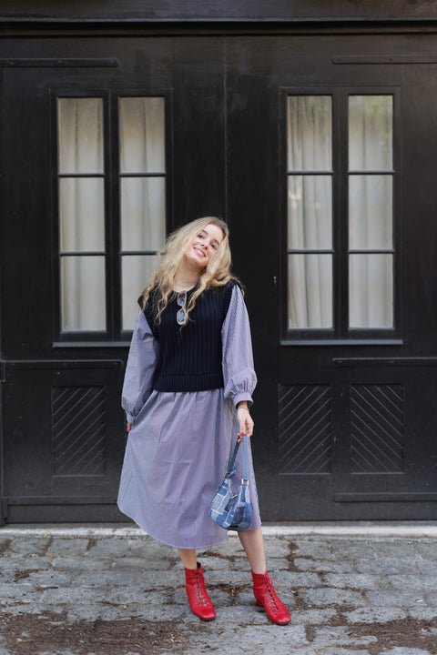 Navy pinstripe thicker knit  cotton dress