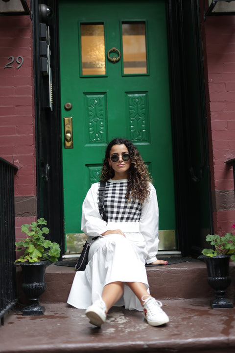 Check Thin Knit Poplin Dress in Black