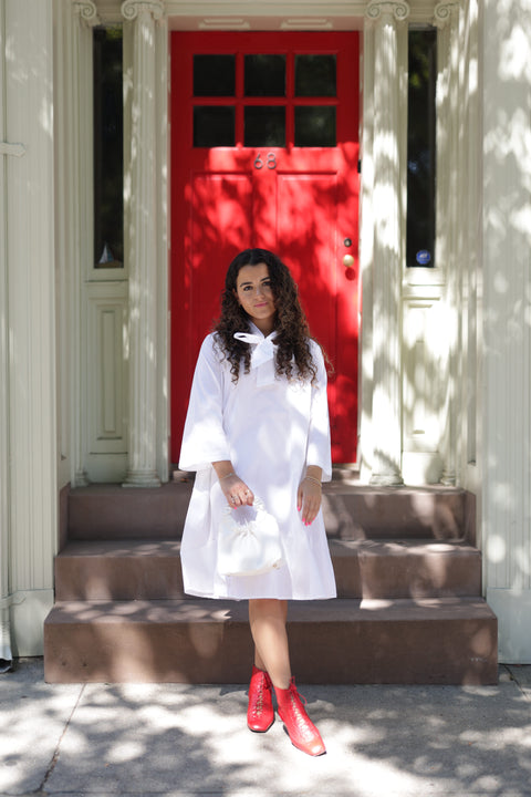 White flowy poplin tie dress