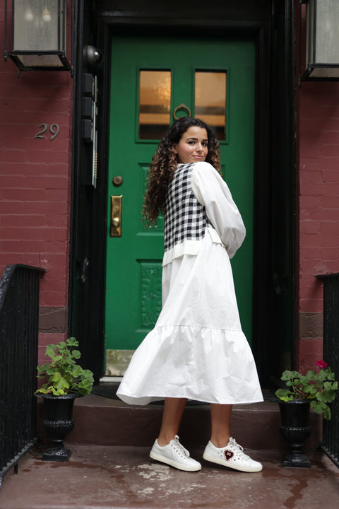 Check Thin Knit Poplin Dress in Black