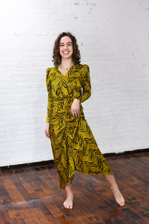 Rouched Puff Sleeve Zebra Silky Dress