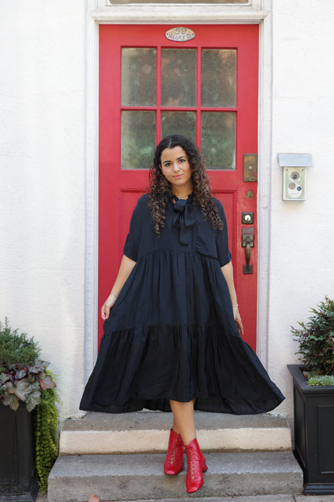 Silky black tier dress