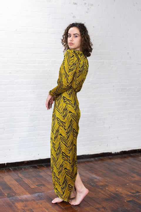 Rouched Puff Sleeve Zebra Silky Dress