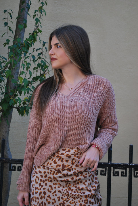 Velvet scalloped v knit sweater