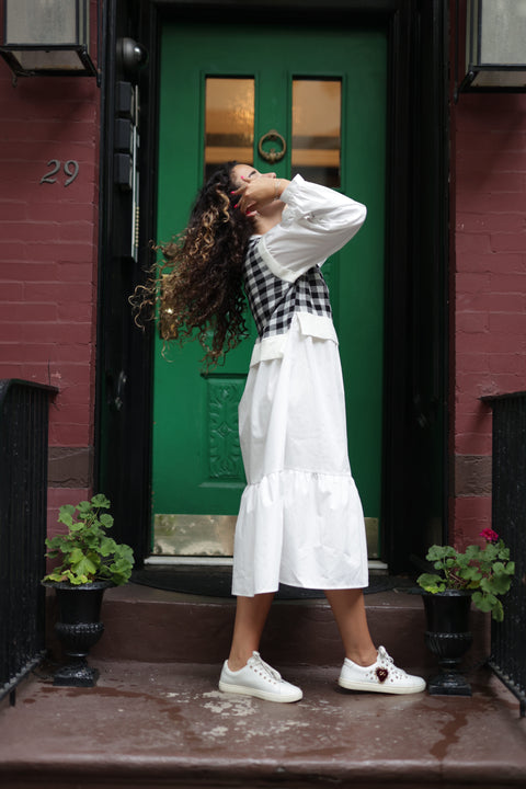 Check Thin Knit Poplin Dress in Black