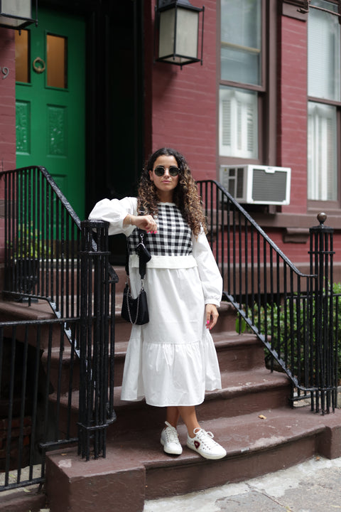 Check Thin Knit Poplin Dress in Black