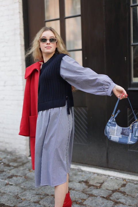 Navy pinstripe thicker knit  cotton dress
