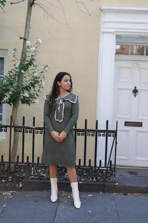Olive green knit collar dress