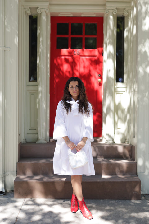 White flowy poplin tie dress