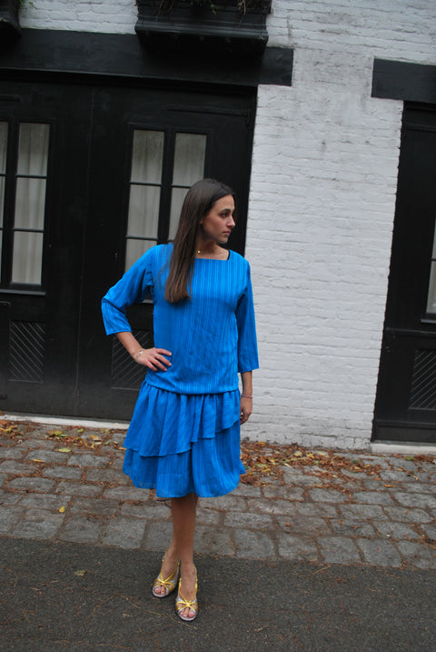 Royal square neck frill dress