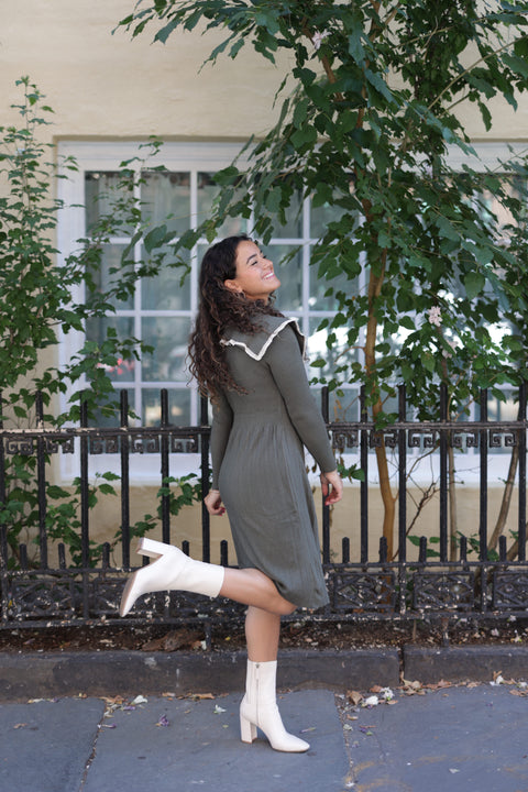 Olive green knit collar dress