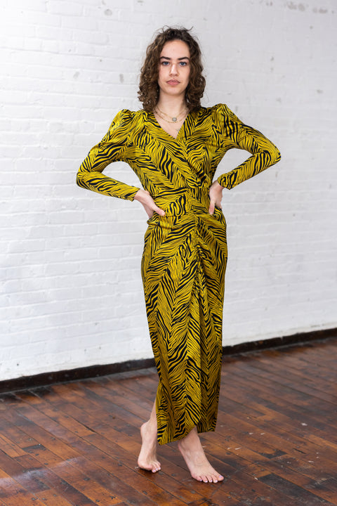 Rouched Puff Sleeve Zebra Silky Dress