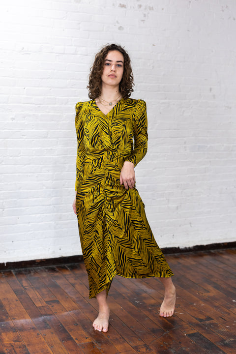 Rouched Puff Sleeve Zebra Silky Dress