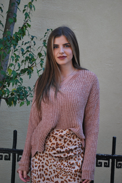 Velvet scalloped v knit sweater