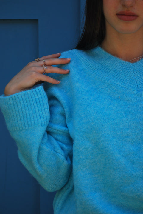 Bright blue v knit sweater